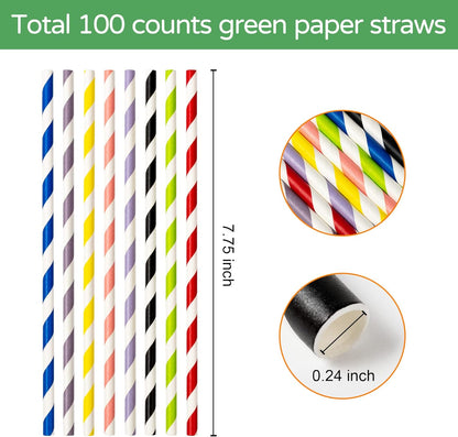 PakTalk 100 Pack Red Straws, Disposable Red and White Biodegradable Paper Striped Straws for Cocktail, Milkshake, Coffee, Lemonade (0.24" x 7.75")