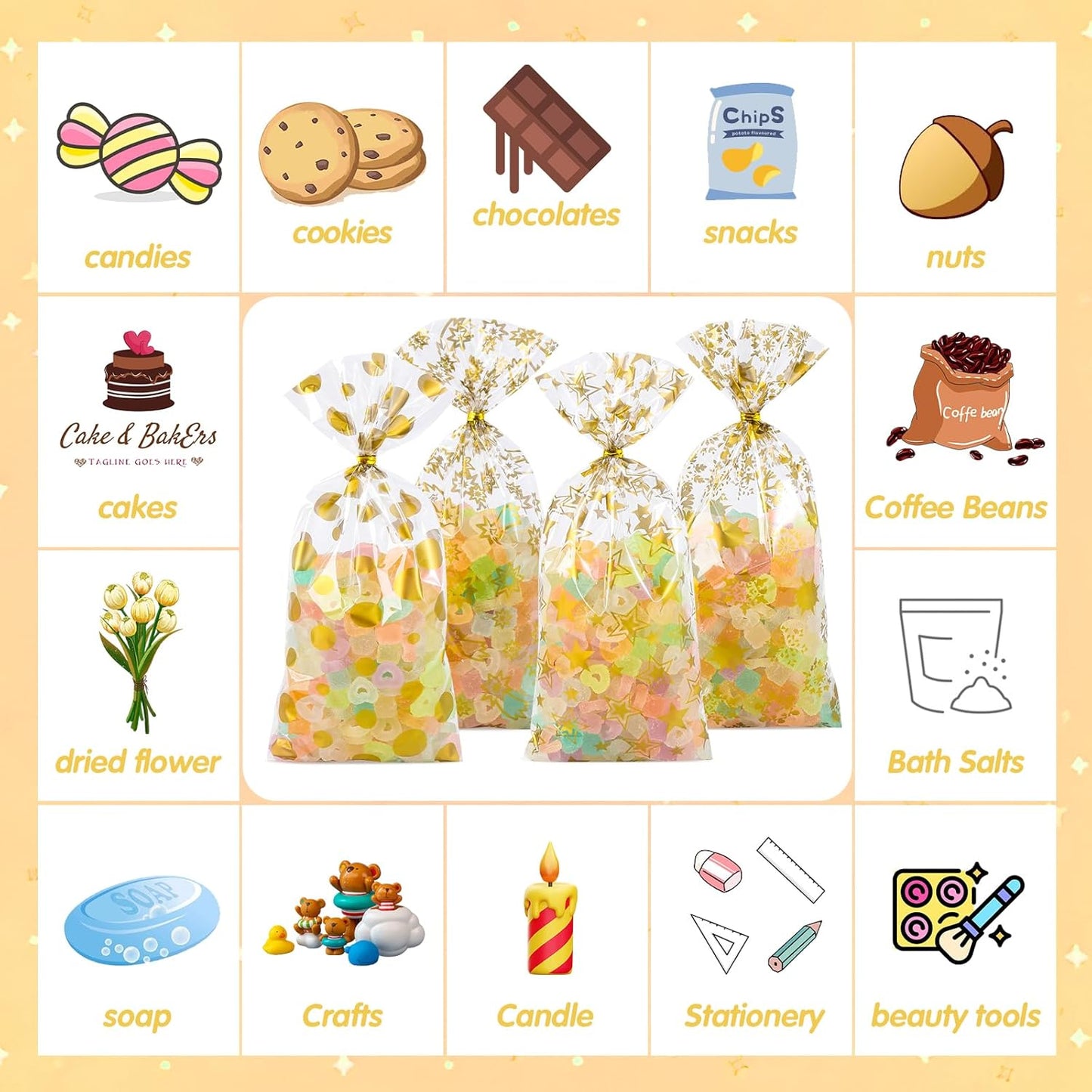 100 Pcs Star Printed 5"X 7" Gift Wrap Cello Cellophane Treat Bags Party Favor bags Clear Candy Cookie Bag Plastic Poly Goodie Storage Bag with Twist Ties for Bakery,Birthday, Wedding ,Party Decorations (Gold)