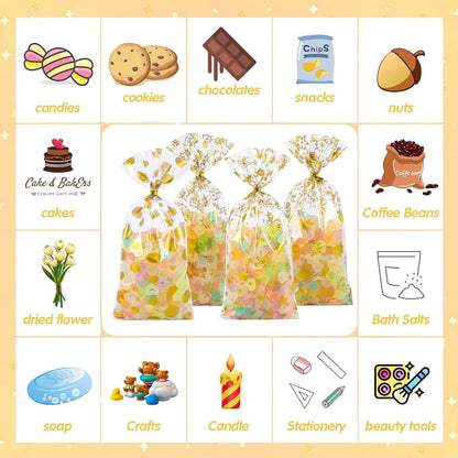 100 Pcs Star Printed 5"X 7" Gift Wrap Cello Cellophane Treat Bags Party Favor bags Clear Candy Cookie Bag Plastic Poly Goodie Storage Bag with Twist Ties for Bakery,Birthday, Wedding ,Party Decorations (Gold)