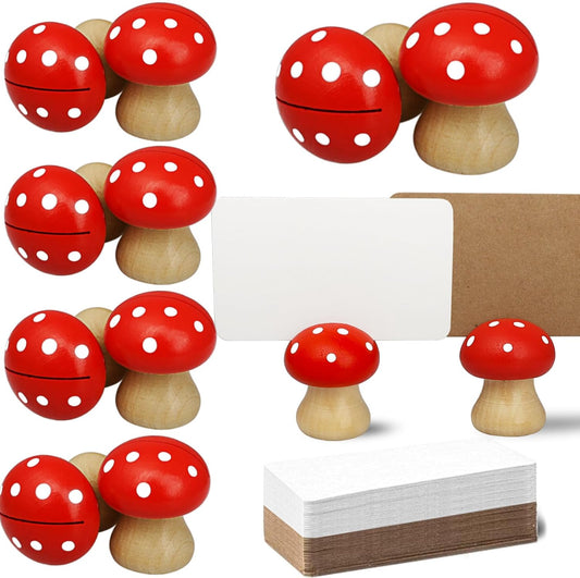 8Pcs Cute Wood Place Card Holders and 40Pcs Kraft Place Cards, MINI Mushroom Table Number Holders, Food Labels for Buffet, Name Card Photo Picture Holders for Harvest Fall Thanksgiving Wedding Party