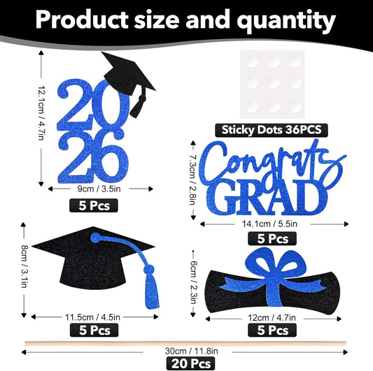 20 PCS Graduation Decorations Class of 2026, Black and Red Double-Sided Centerpieces, Grad Cap Sticks, Table Toppers, Graduation Party Decorations