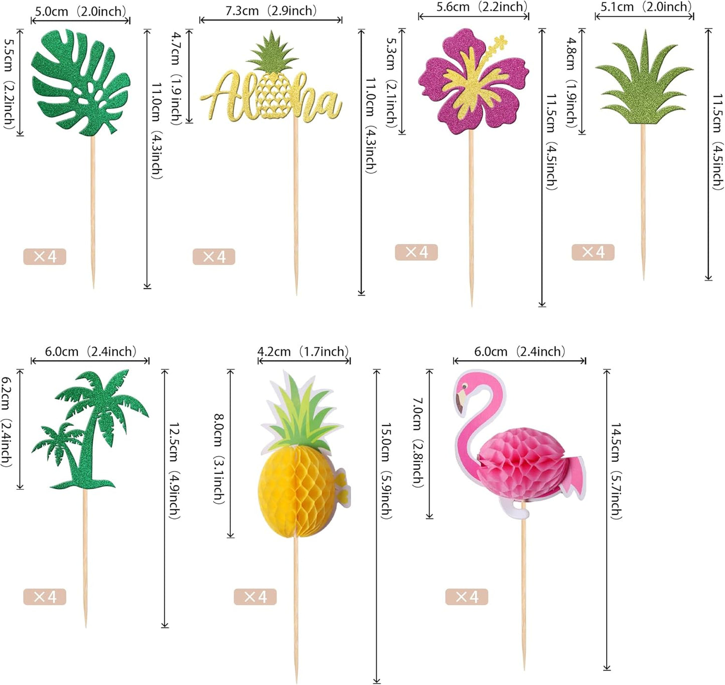 28 PCS Tropical Cupcake Toppers Glitter Leaf Pineapple Flower Palm Tree Flamingo Cupcake Picks Aloha Cake Decorations for Summer Hawaiian Luau Theme Baby Shower Birthday Wedding Party Supplies