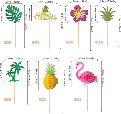 28 PCS Tropical Cupcake Toppers Glitter Leaf Pineapple Flower Palm Tree Flamingo Cupcake Picks Aloha Cake Decorations for Summer Hawaiian Luau Theme Baby Shower Birthday Wedding Party Supplies