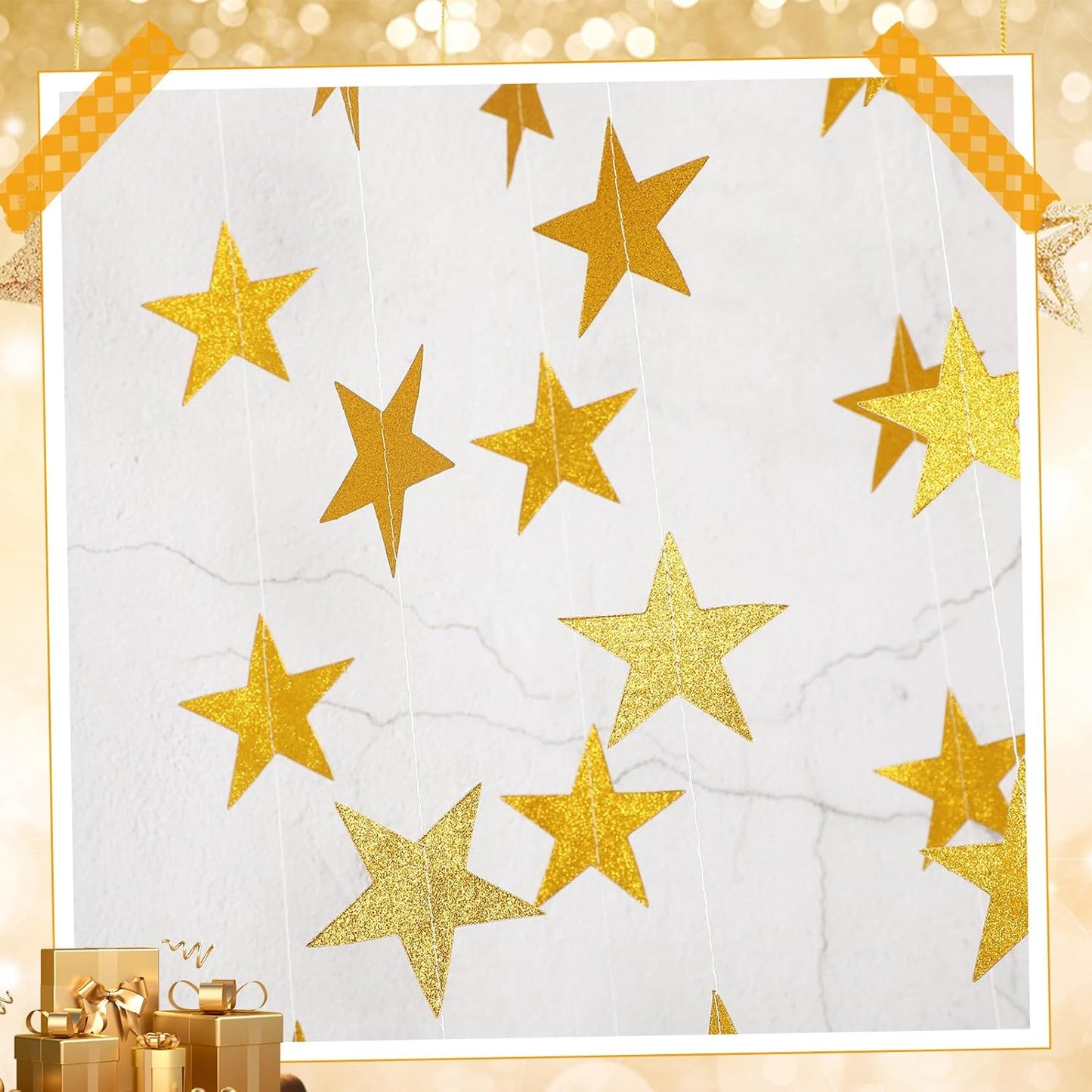 Spakon 65 Feet Glitter Star Paper Garland Banner Hanging Decoration Star Streamers Double Side 2026 Graduation Decorations for Wedding Birthday Festival New Year Party Decoration (Gold)