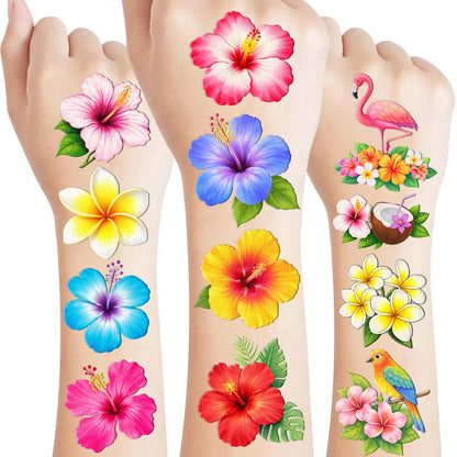 96PCS Tropical Flower Hawaiian Temporary Tattoos Pre-Cut - Hibiscus Plumeria Stickers Beach Summer Hawaiian Birthday Party Decorations, Supplies & Favors - School Gifts Rewards Prizes for Girls Women