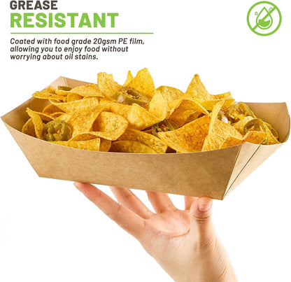 ZORRITA 3 Lb Paper Food Trays - 50 Pack Disposable Nacho Trays, Kraft Paper Food Boats Taco Holders Party Serving Baskets for Hot Dogs Snacks Tacos Fries