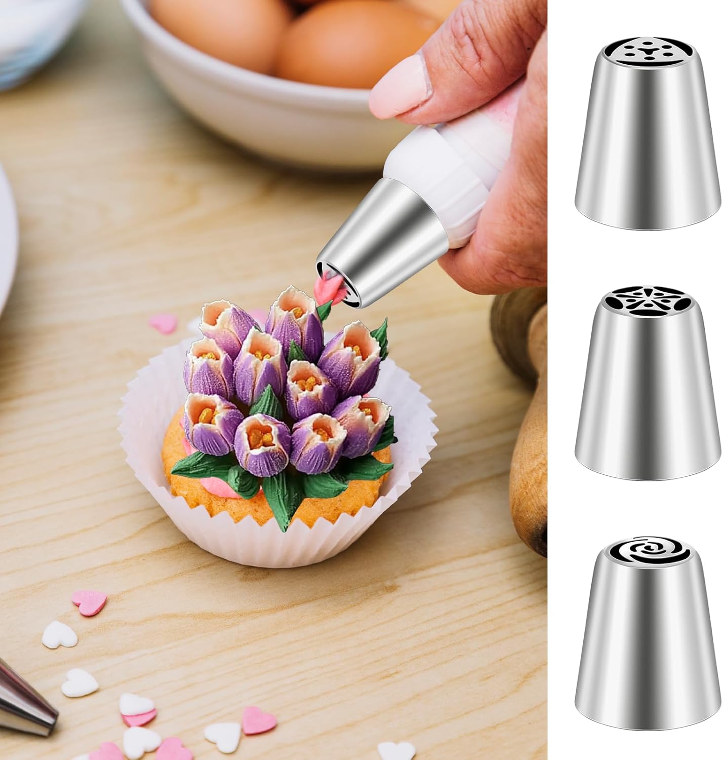 Dimeho 7 Pcs Round Hole Piping Tips Set Stainless Steel Cupcake Frosting Nozzles Cake Decorating Tool Russian Pastry Icing Dispensers Supplies for Baking Cookies Puff Doughnut Cream Bag Filler
