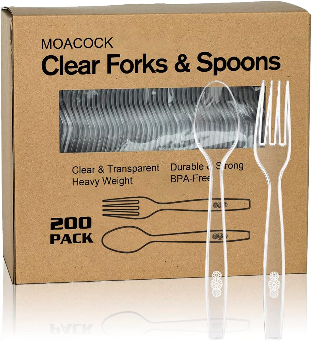 MOACOCK 200 Count Plastic Silverware, Heavy Weight Plastic Forks Spoons Disposable Utensils Cutlery Set for Wedding Party Supplies Everyday Use