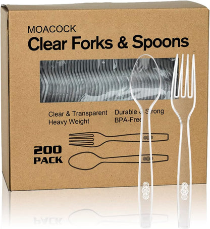 MOACOCK 200 Count Plastic Silverware, Heavy Weight Plastic Forks Spoons Disposable Utensils Cutlery Set for Wedding Party Supplies Everyday Use