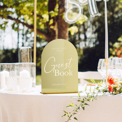 Acrylic Wedding Sign with Stand- 5"x7" Gold Mirror Arched Guest Book Signs and Base,1/8" Thick | Modern Calligraphy White Lettering Gold Arch Acrylic Table Sign for Wedding Reception & Party