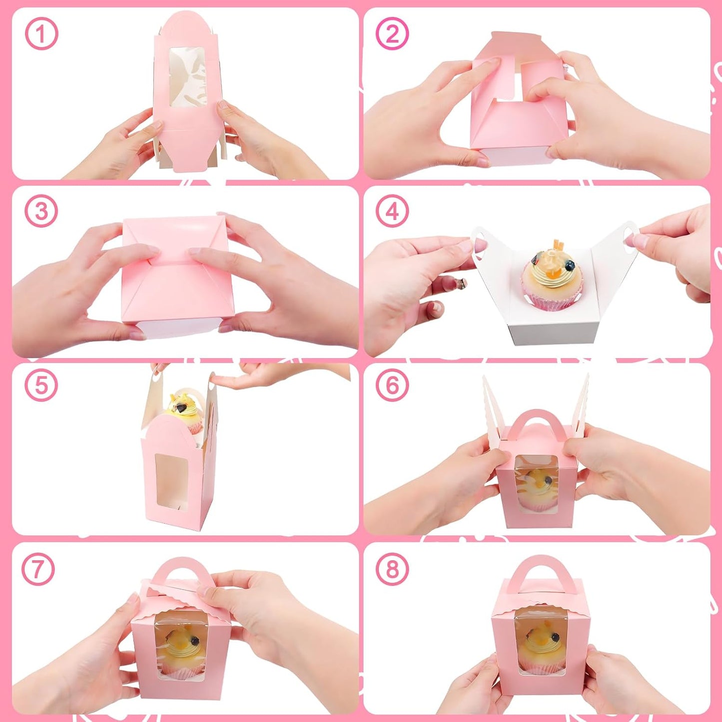 100 Pack Pink Cupcake Boxes Individual with Window, Inserts and Handle, Single Cupcake Containers for Cupcakes, Muffins, Donuts, Cookies, 3.6 x 3.6 x 4.3 Inch