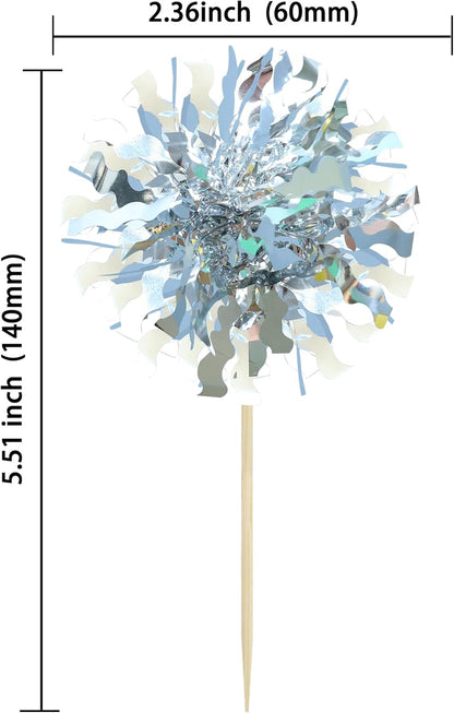 Ephlyn 30Pcs Foil Firework Cupcake Toppers Sparkle Tinsel Cupcake Picks Drink Stirrers Cocktail Food Fruit Toothpicks for Baby Shower Graduation Party Supplies White