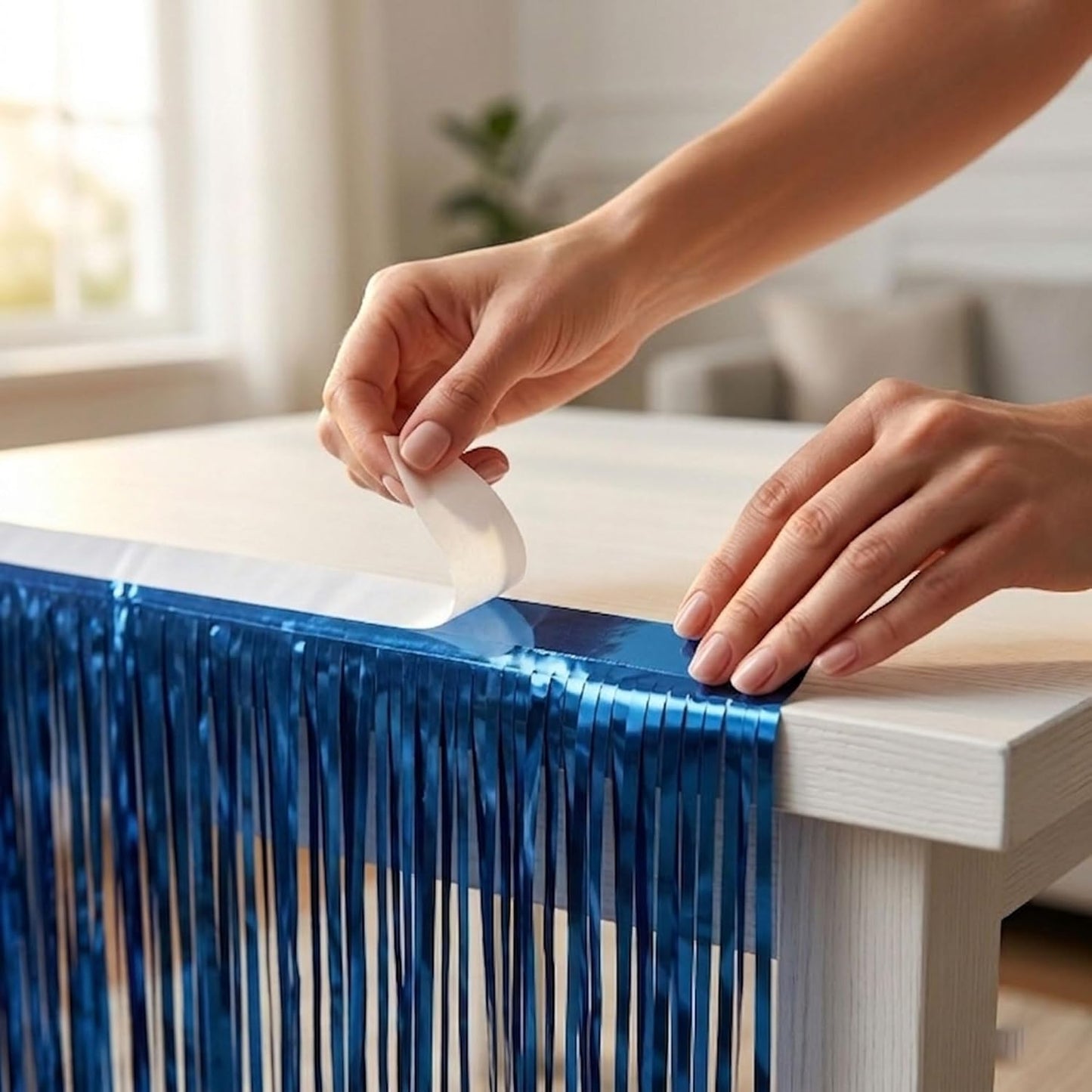 Blue Streamers Party Decorations, 2 Packs Blue Table Skirts Metallic Foil Fringe Tinsel for Birthday Under the Sea Boy Baby Shower Float Parade Mardi Gras Graduation Party Supplies -29x108Inch