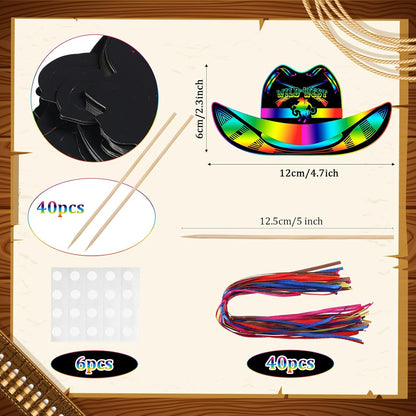Hungdao 160 Pcs Western Cowboy Scratch Cards for Men Colorful Rainbow Cowboy Scratch Paper Art with Wooden Stylus for Adult Western Theme Birthday Party DIY Activities