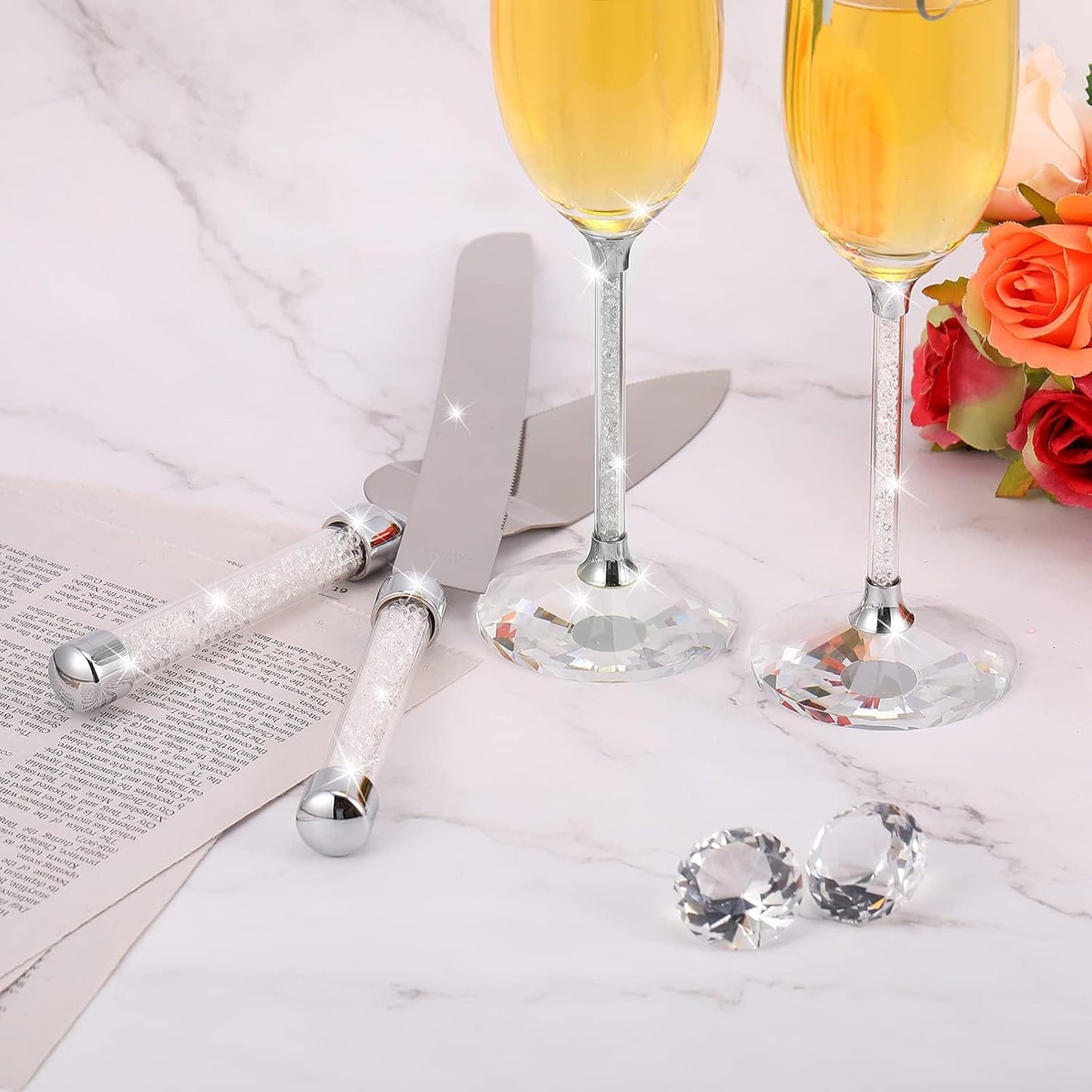 Boao 4 Piece Wedding Cake Knife and Champagne Flutes Server Set Mr and Mrs Toasting Flutes Crystal Rhinestone Cake Cutting Set for Bride and Groom Wedding Engagement Bridal Shower Gifts(Silver)