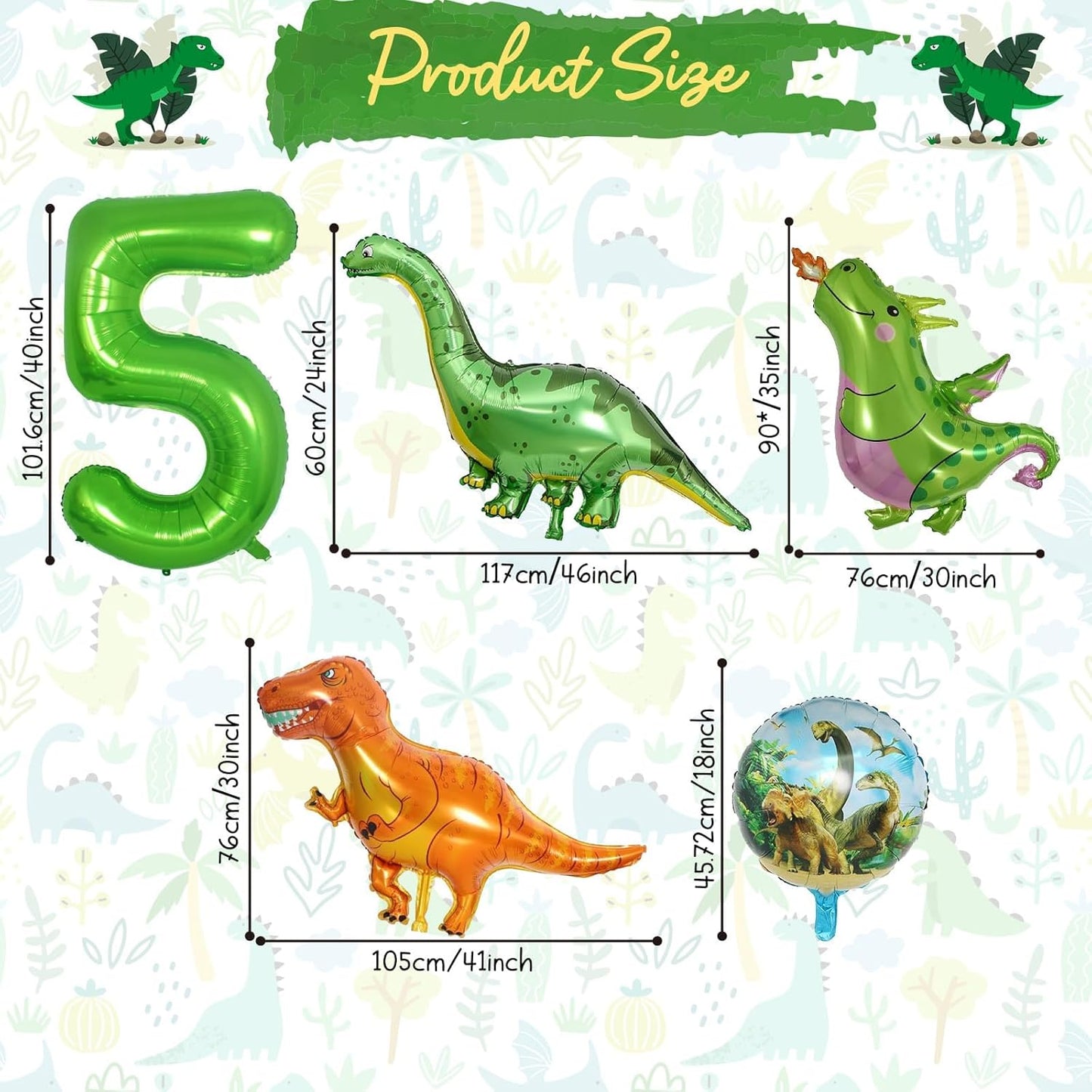 Dinosaur 5th Birthday Decorations, Dinosaur Birthday Party Decorations with Giant Inflatable Dinosaur Balloons 40 Inch Helium Foil Mylar Number 5 Balloons for Dinosaur Theme Birthday Party Decorations
