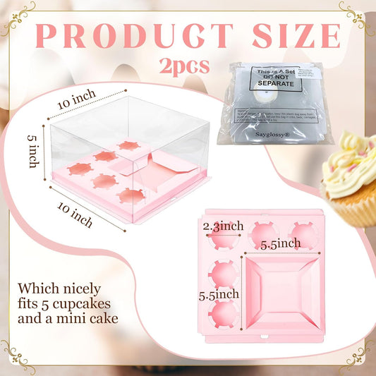Sayglossy 2 Pack 1+5 Bento Cake Boxes with Cupcakes Clear Bento Cakes and Cupcake Box Combo Fit 5 Cupcakes and 1 Mini Cake for Mothers Day Wedding Birthday Treats Donuts Muffins Bakery (White)