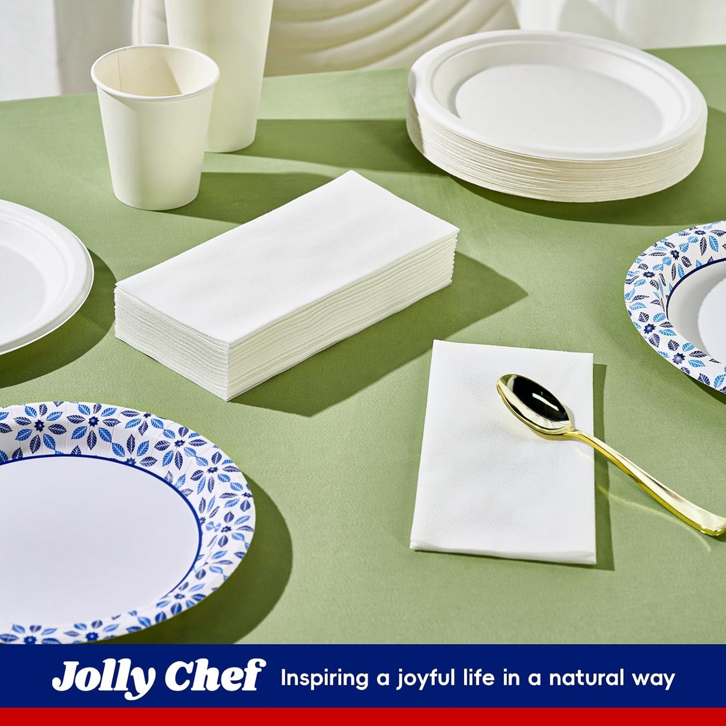 JOLLY CHEF 100 Disposable Hand Towels, Soft and Absorbent Linen Feel Dinner Napkin, Elegant Decorative Paper Guest Towels for Kitchen, Bathroom,Thanksgiving, Weddings,Parties, Gold and White