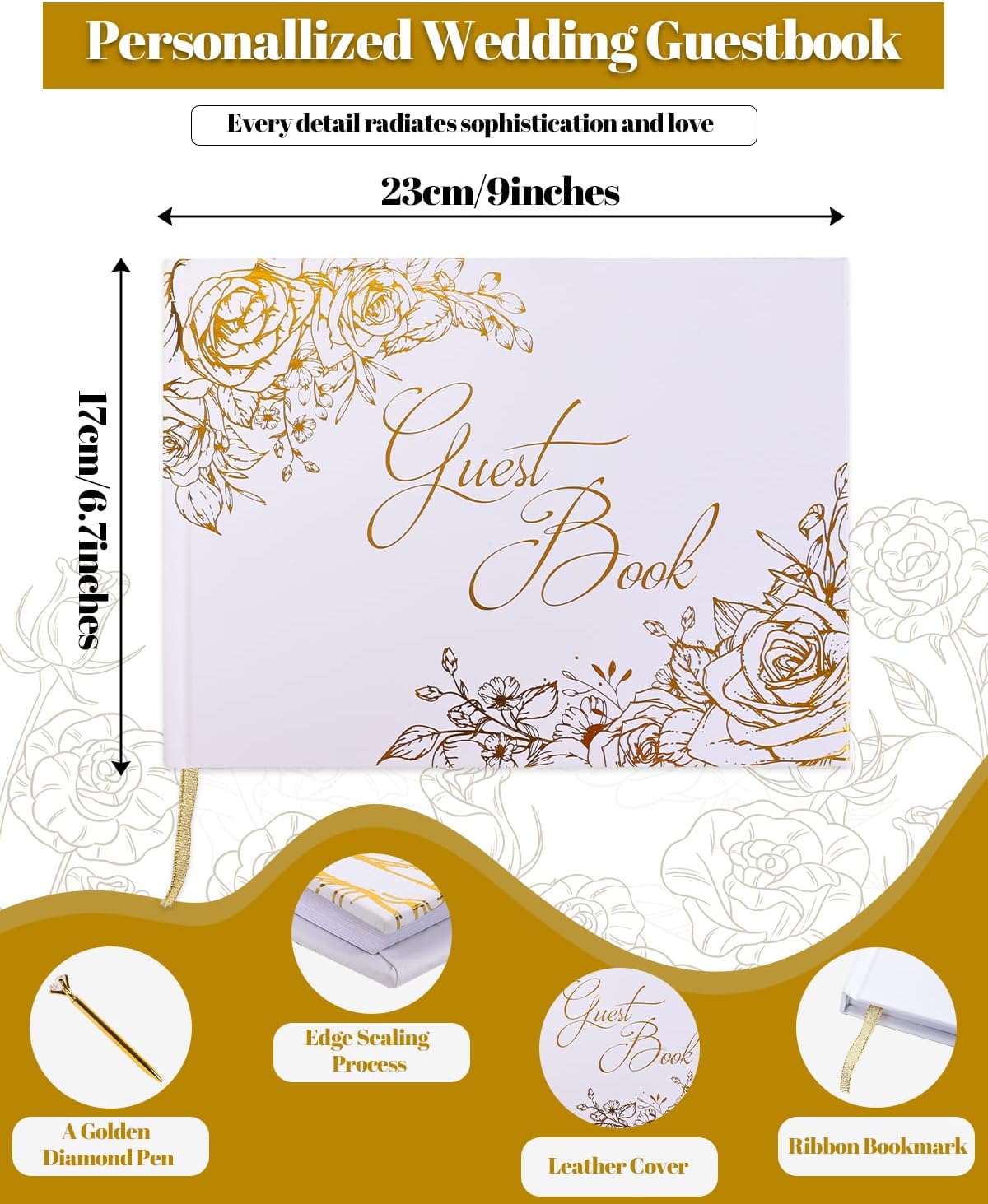 VIRIDI Wedding Guest Book with a Pen Gold,Guest Book Wedding Reception 9 × 6.7 inches, Gold Foil Hardcover GuestBook for Baby Shower, Graduation, Birthdays
