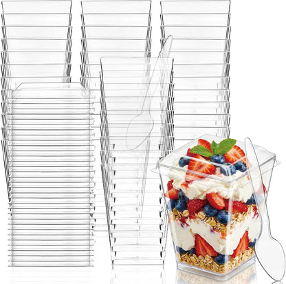 50Pack 5oz Plastic Dessert Cups with Lids and Spoons, Clear Parfait Appetizer Cups for Party, Mini Shooter Serving Cup, Square Dessert Shot Glasses for Tasting