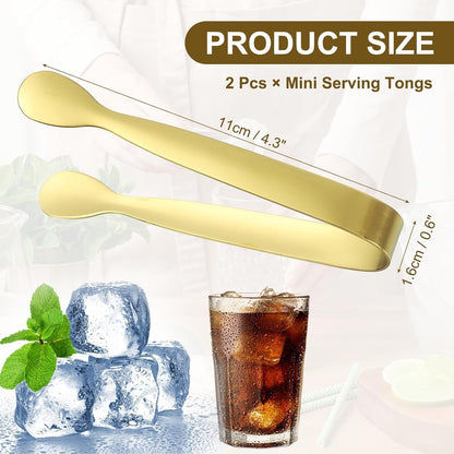 uxcell 2 Pcs Mini Serving Tongs, 4.3 Inch Kitchen Tong Stainless Steel Small Buffet Tongs Ice Sugar Tong for Serving Charcuterie Dessert Party Tea Party Bar Coffee, Gold