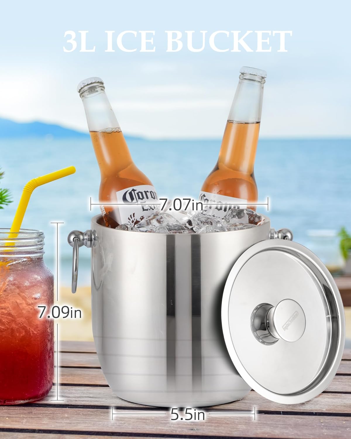 Insulated Ice Bucket, 3L Double Wall Stainless Steel Ice Bucket with Tongs,Lid, Scoop and Strainer, Ice Buckets for Parties,Cocktail Bars, Chilling Beer, Champagne, Wine Bottles,Wood
