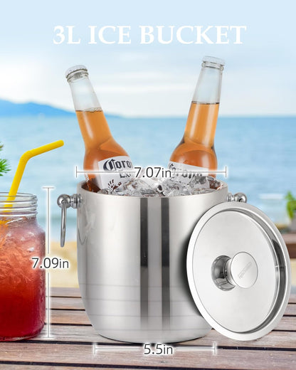 Insulated Ice Bucket, 3L Double Wall Stainless Steel Ice Bucket with Tongs,Lid, Scoop and Strainer, Ice Buckets for Parties,Cocktail Bars, Chilling Beer, Champagne, Wine Bottles,Wood