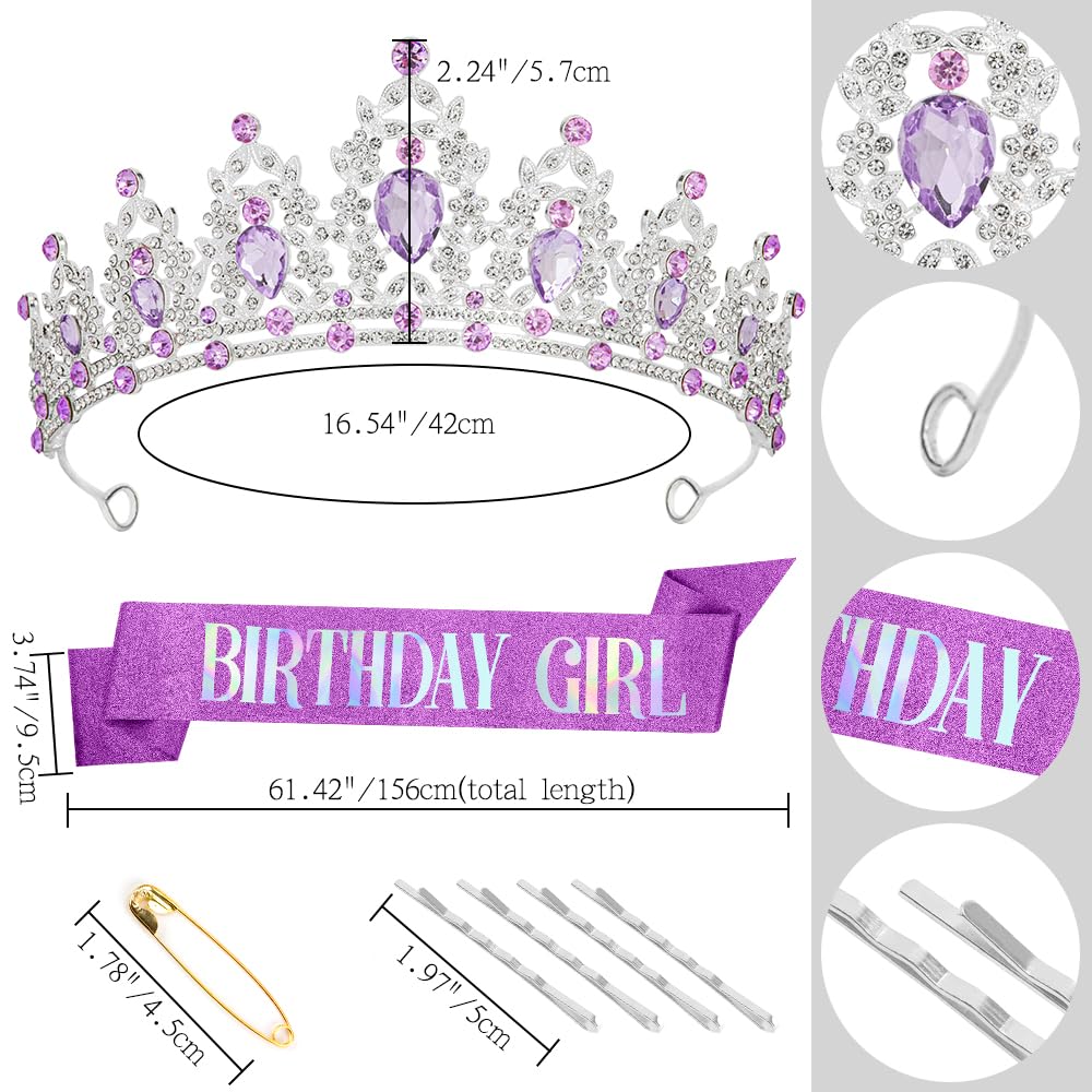 Silver Birthday Crown Headband with Sash for Women - Rhinestone Tiara for Birthday Parties