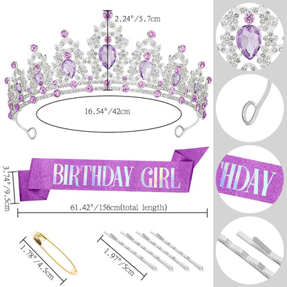 Silver Birthday Crown Headband with Sash for Women - Rhinestone Tiara for Birthday Parties