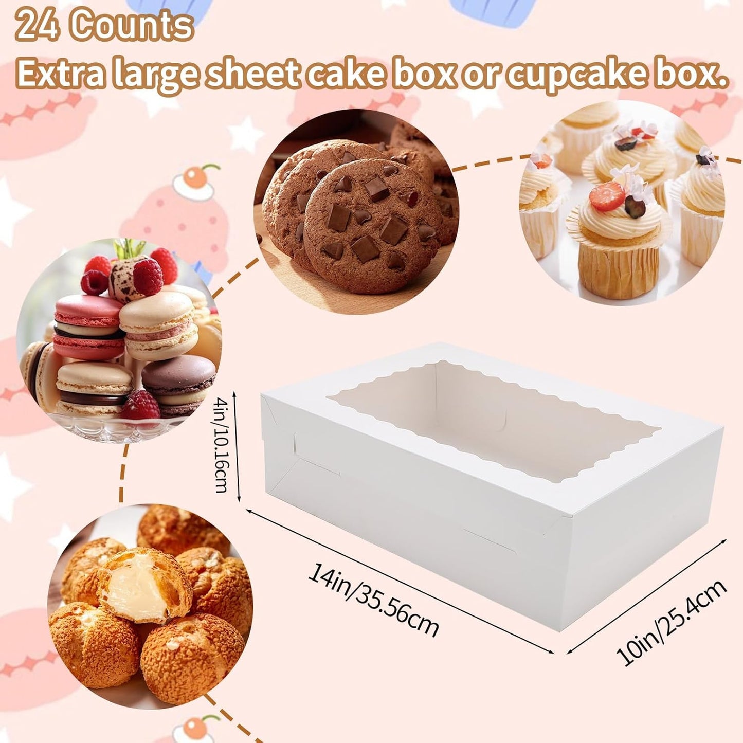 12 Sets 14x10x4 Inch White Bakery Boxes Half Sheet Cake Boxes with Window, Large Treat Boxes for Pastry Baking Cake Donuts Cupcake Pie Packaging