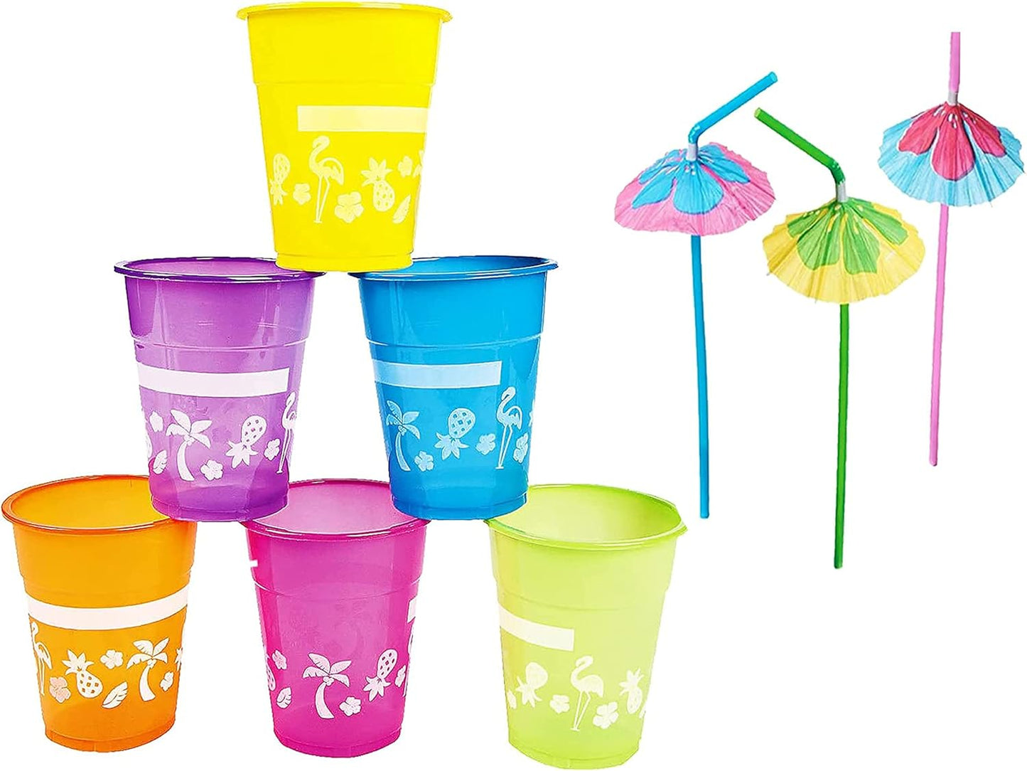 4E's Novelty 48 Packs Tropical Party Cups with Parasol Straws - Disposable Plastic Cups 16oz BPA free, for Hawaiian Luau Party and Pool Parties, Beach Theme Birthday Decorations for Kids & Adults