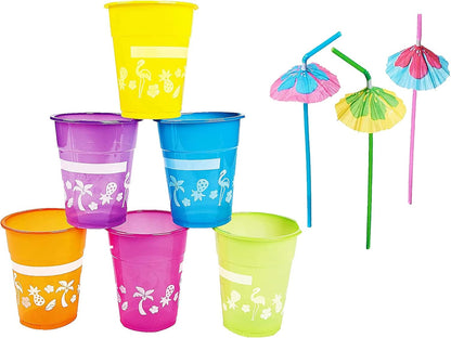4E's Novelty 48 Packs Tropical Party Cups with Parasol Straws - Disposable Plastic Cups 16oz BPA free, for Hawaiian Luau Party and Pool Parties, Beach Theme Birthday Decorations for Kids & Adults