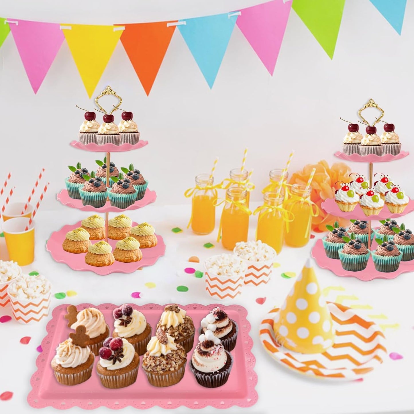 5 Pcs Dessert Table Display Set, White Plastic 2 Pcs Round 3 Tier Cupcake Stand Cup Cake Tower Stand with Metal Rod & 3 Pcs Serving Tray for Baby Shower, Tea Party, Wedding, Birthday Party