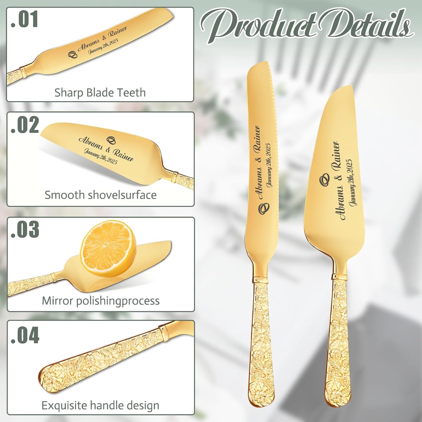 HJX Personalized Wedding Cake Knife and Server Set with Champagne Flutes, Custom Name Text Toasting Glasses for Bride and Groom, Cake Cutting Set Ideal Wedding Engagement Bridal Shower Gift