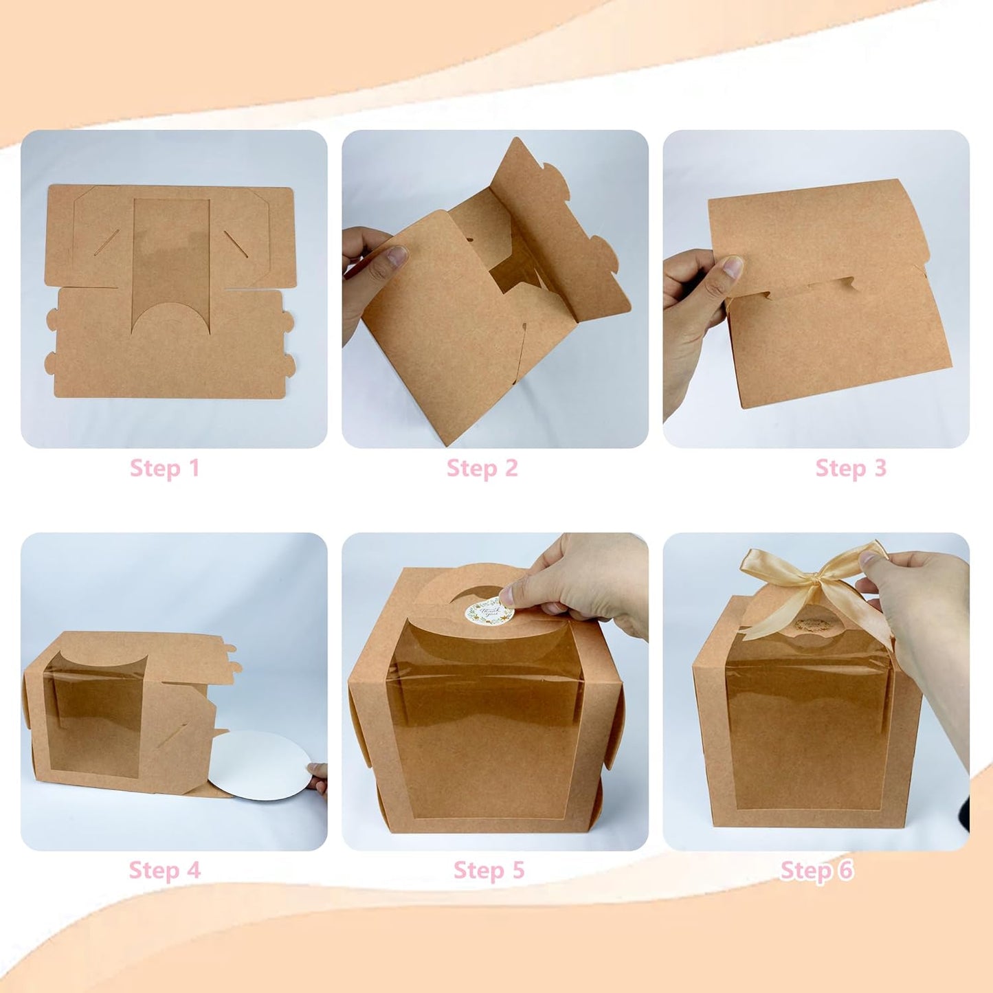 15PCS Brown 6x6x6 Inch Cake Boxes with Window Handle Boxes 6 Inch with Cake Boards for Gift Giving Elegant Paper with Ribbon Stickers for Weddings Birthdays Holidays Corporate Event Party Favors