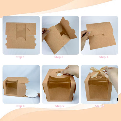 15PCS Brown 6x6x6 Inch Cake Boxes with Window Handle Boxes 6 Inch with Cake Boards for Gift Giving Elegant Paper with Ribbon Stickers for Weddings Birthdays Holidays Corporate Event Party Favors