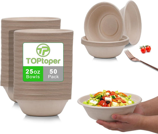 TOPtoper 42Oz 50Pcs Large Paper Bowls with Lids, Disposable Soup Serving Bowls Bulk Party Supplies for Hot/Cold Food, Soup (42 OZ)