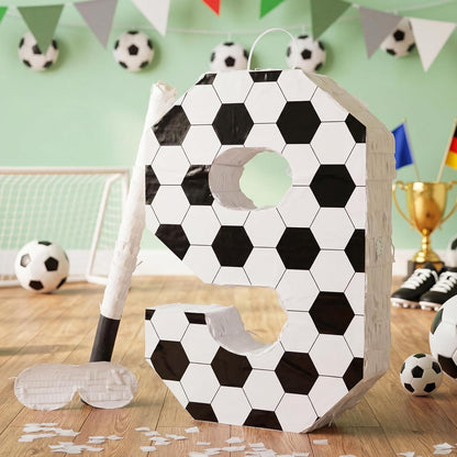 Gemscream Number 9 Soccer Piñata Bundle with Blindfold and Stick Small Piñata Party Decoration for Mexican Fiesta Cinco De Mayo School Anniversary Football Party Celebration Gift 15.75 x 11 x 2.8 in
