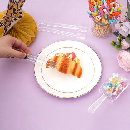 12Pcs Clear Plastic Ice Scoops Tongs Set, Small Tongs for Serving Food, Mini Candy Scoops for Candy Buffet Dry Goods Freezer Bin Canisters (Clear Pink)