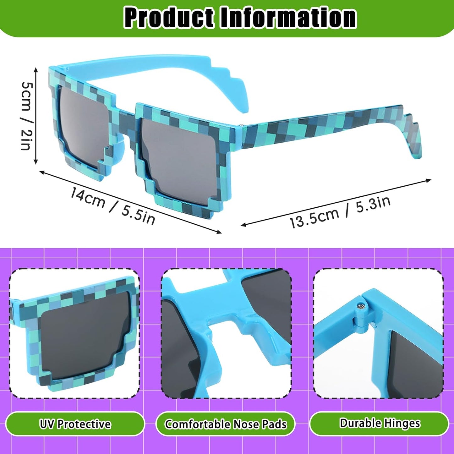 kilofly 10pc 8-Bit Pixel UV Protect Gamer Sunglasses Adult Kids Party Favors