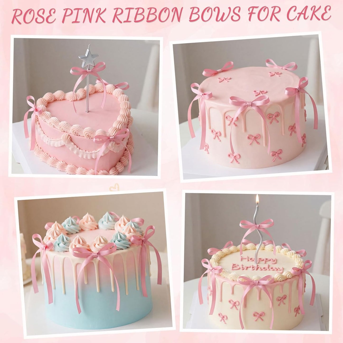 30 Pack Bow Cake Toppers Pink Ribbons Bows for Cake Coquette Themed Bow Cupcake Toppers Pink Bow Birthday Decorations for Baby Shower, Birthday, Wedding, Bachelorette, Mothers Day Decorations