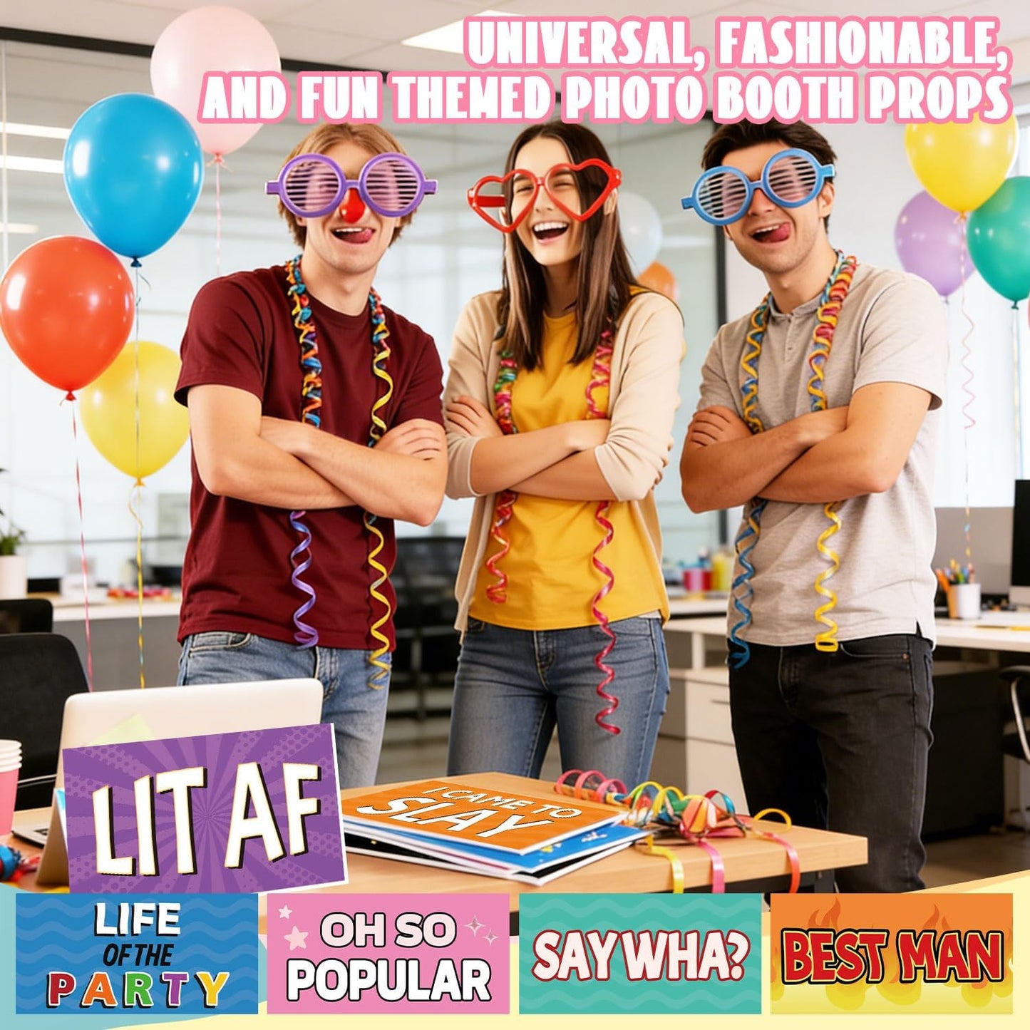 Photo Booth Props 24 Designs Double Sided Photobooth Props 11x5.5 Inch Waterproof Office Party for Office Work Celebration Activity Team Parties Gatherings Supplies