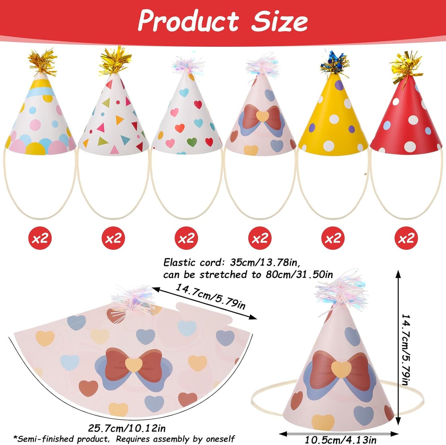 12 PCS Party Hats, Birthday Paper Cone Hat with Glitter Pompoms, Paper Party Headwear for Adults Kids Celebration