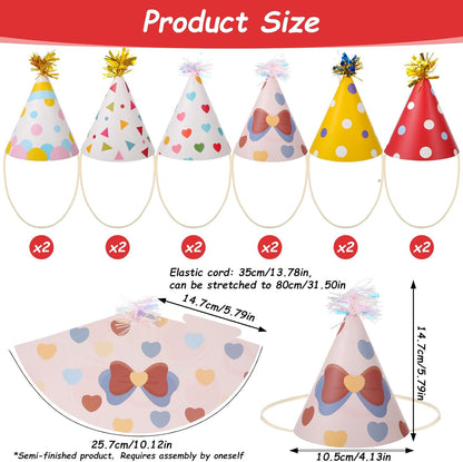 12 PCS Party Hats, Birthday Paper Cone Hat with Glitter Pompoms, Paper Party Headwear for Adults Kids Celebration