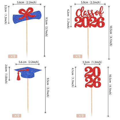 36 PCS 2026 Graduation Theme Cupcake Toppers Glitter Class of 2026 Grad Cap Diploma Cupcake Picks 2026 Graduation Theme Party Cake Decorations Supplies Deep Blue