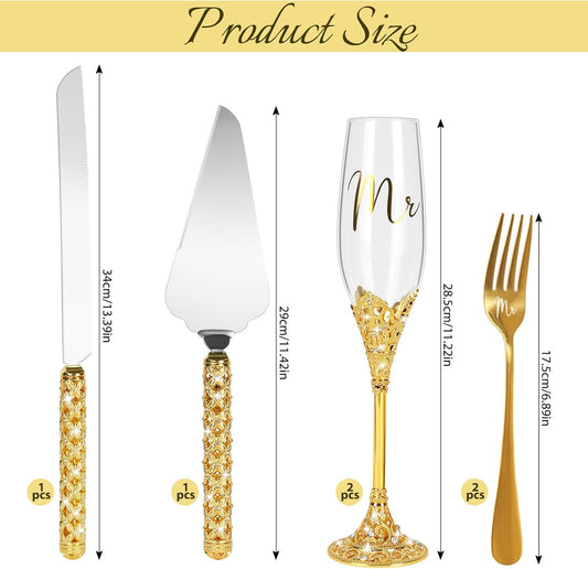 6 PCS Wedding Cake Knife and Champagne Flutes Server Set with Fork Mr and Mrs Champaign Flutes, Bride and Groom Champagne Glasses Crystal Rhinestone Wedding Toasting Glasses Parties