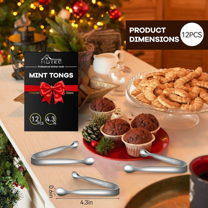 HOTEC 12-Pack Mini Sugar Tongs Stainless Steel Ice Tongs 4.3Inch Serving Tongs for Coffee Bar, Tea Party, Appetizers, Desserts, Buffet – Food-Grade & Dishwasher Safe, Gold