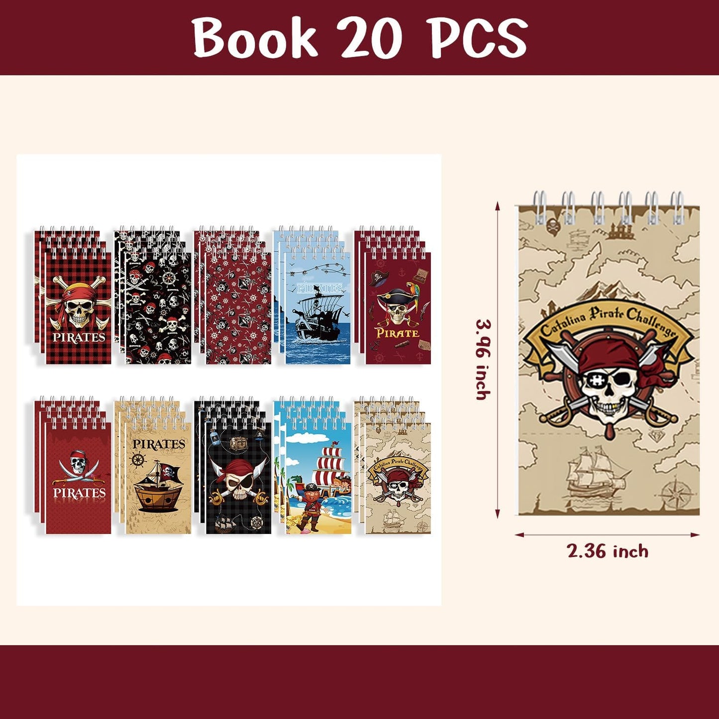 20Pcs Mini Pirate Notepads Spiral Notebooks for Birthday Party Favors Supplies Teacher Reward Favor Bag Stuffers Pirate Theme Party