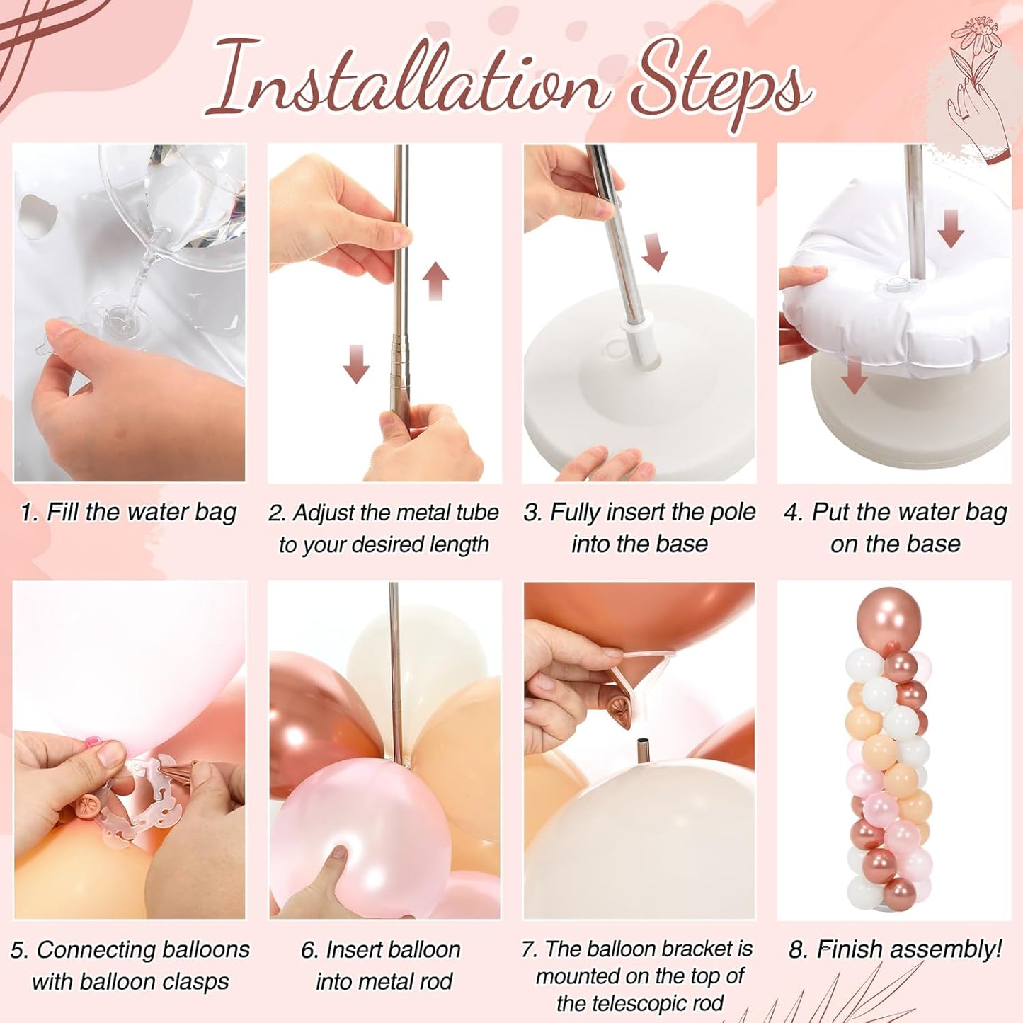 Jenaai 2 Sets 163 Pcs Pink Metallic Rose Gold Balloons Column Stand Kit Bridal Party Latex Balloons Adjustable Tower Stand for Graduation Bridal Shower Wedding Engagement Mothers Day Birthday Decor