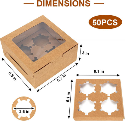 OAMCEG 50 PCS Cupcake Boxes with Window, 6x6x3 Inch Cookie Boxes, Bakery Treat Boxes for Pastry, Dessert, Chocolate Strawberries, Cupcake Containers, Gift Giving with Stickers & Twine （Brown）
